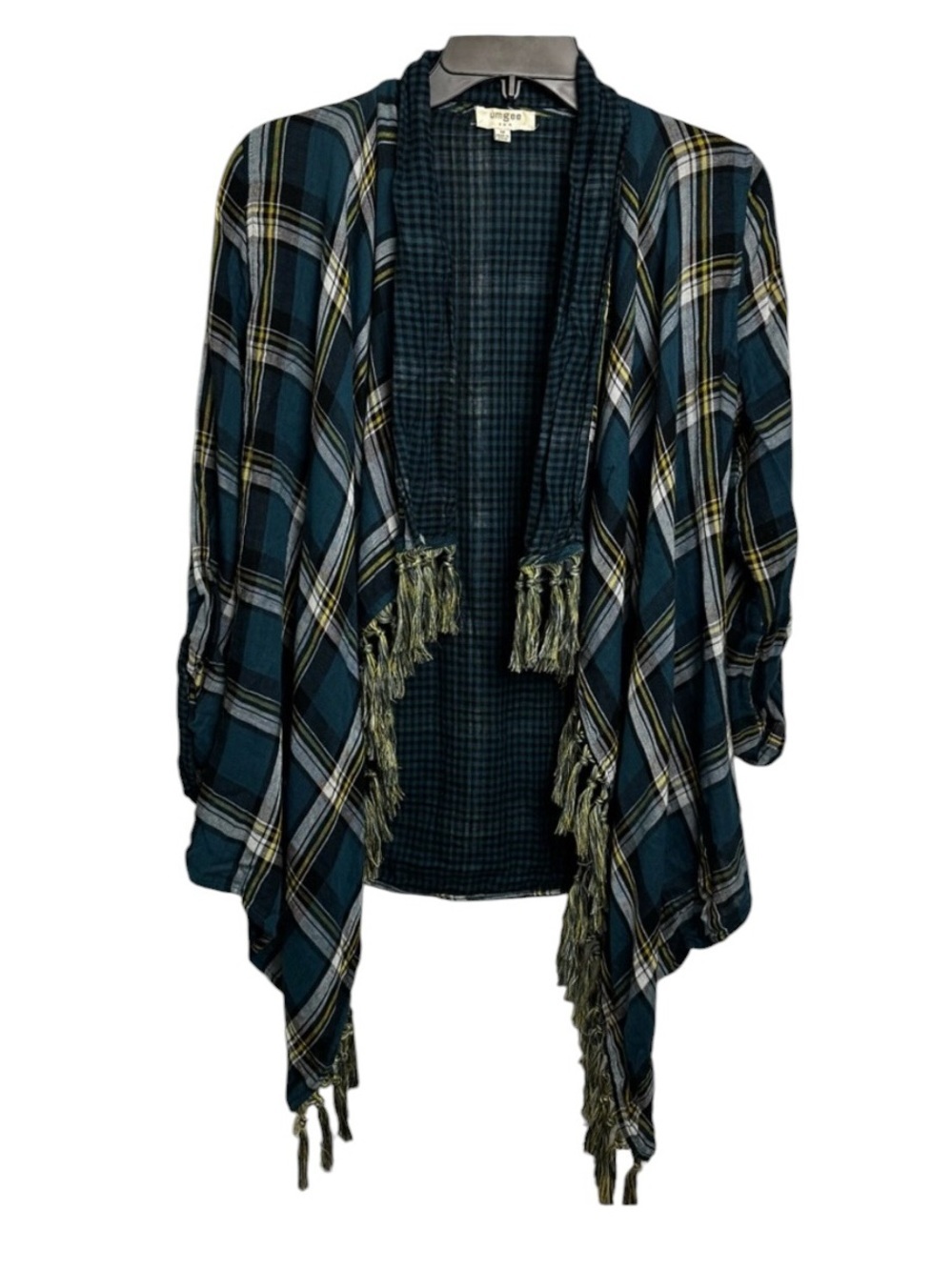 Umgee plaid open front fringe cardigan retro hippie festival Medium coastal chic